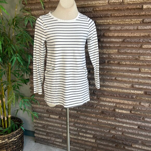 Merona Black and White Striped Stretch Cotton Casual Tunic Top Zip Pockets - Picture 3 of 7